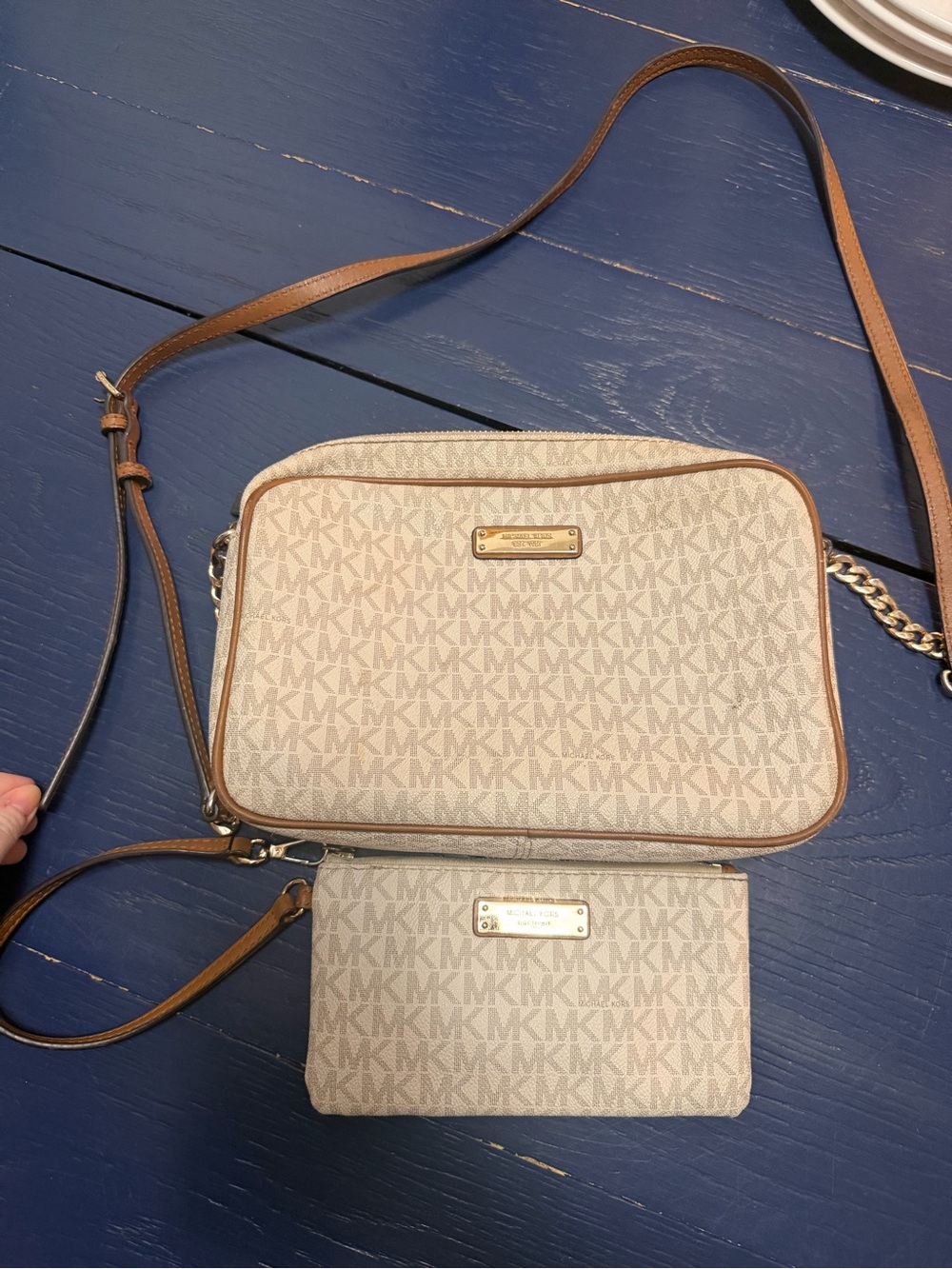 Michael Kors Beige Logo Crossbody with Brown Trim and Wristlet